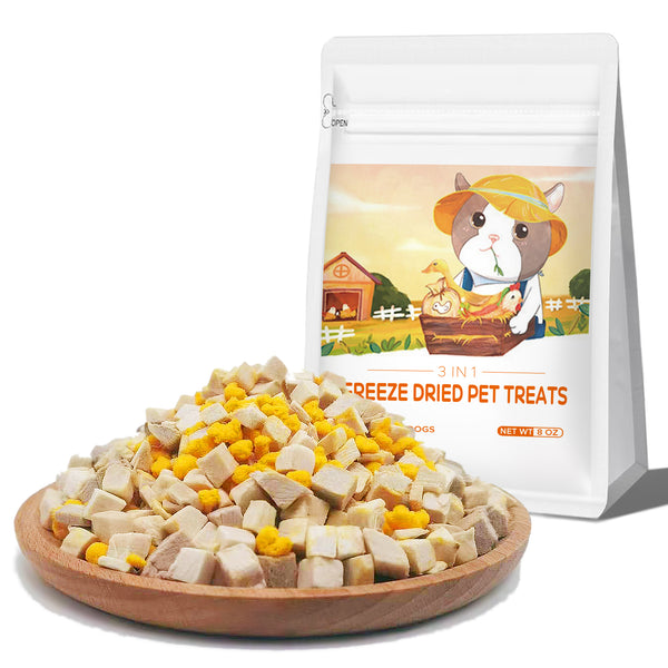 Freeze Dried Cat & Dog Treats – 8OZ Freeze Dried Chicken+Duck+Egg Yolk 3 in 1 Meat Snacks - High Protein, Bite-Sized, Training Treats Snacks